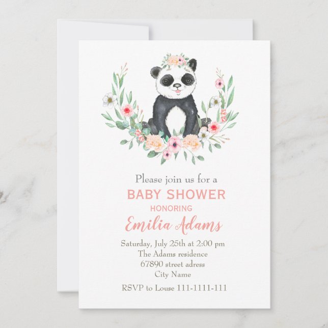 Invitación Panda de flores para la ducha de bebé (Anverso)