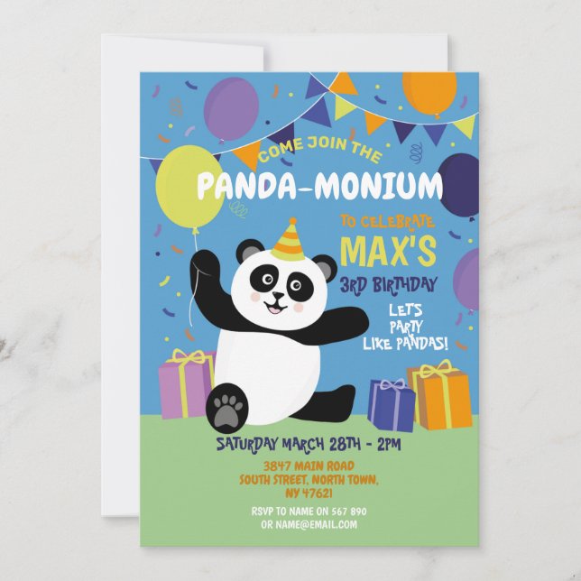Invitación Panda Fiesta Cumpleaños Panda-Monium Blue (Anverso)