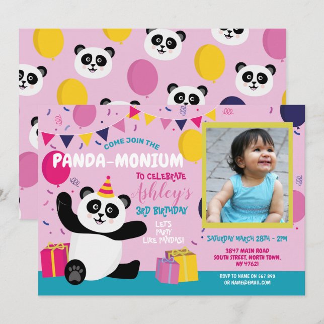 Invitación Panda Fiesta Cumpleaños Panda-Monium Photo Pink (Anverso / Reverso)