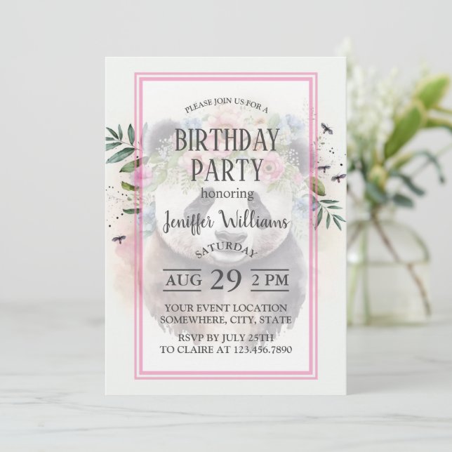 Invitación Panda Flowers Watercolor                    (Anverso de pie)