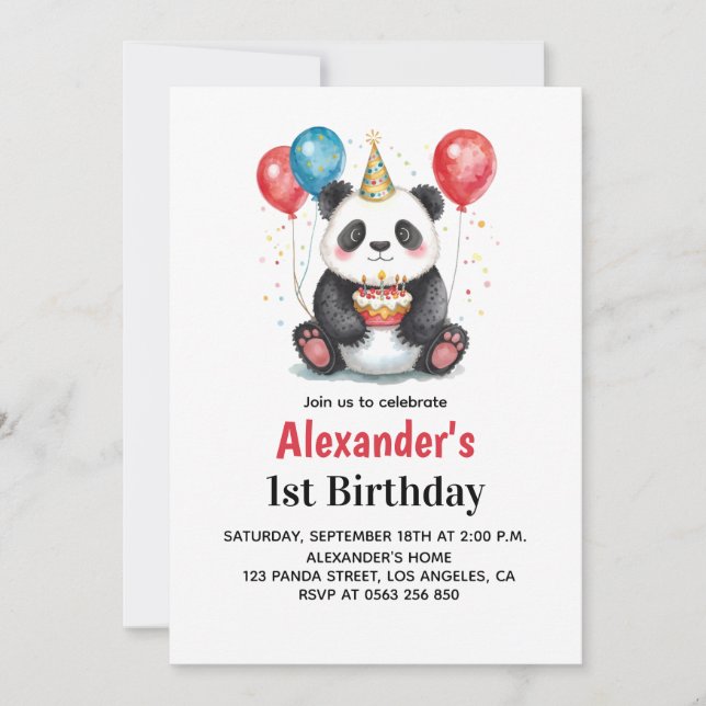 Invitación Panda lindo con globos y pastel primer cumpleaños (Anverso)