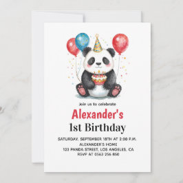 Invitación Panda lindo con globos y pastel primer cumpleaños