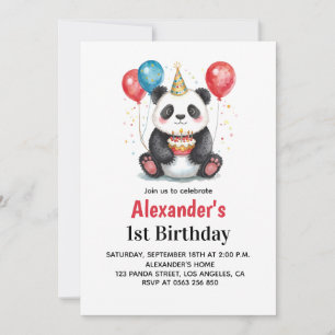 Invitación Panda lindo con globos y pastel primer cumpleaños