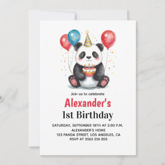 Invitación Panda lindo con globos y pastel primer cumpleaños