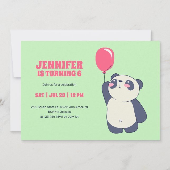 Invitación Panda lindo con niños Personalizados en globo Cump (Anverso)