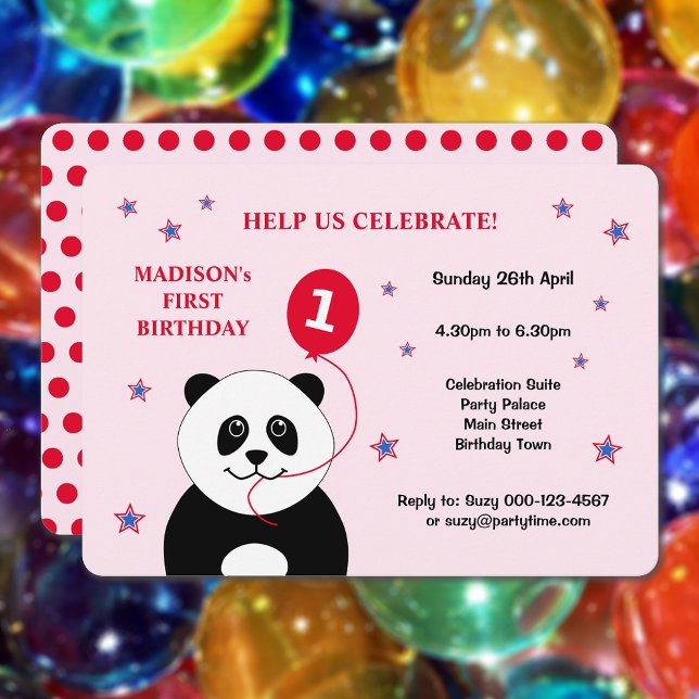 Invitación Panda lindo fiesta de primer cumpleaños rosa (Showing rounded corners option)
