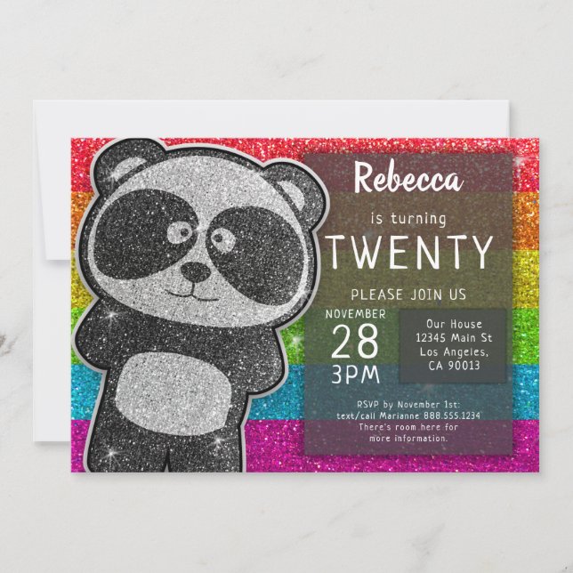 Invitación Panda mágico Cumpleaños Purpurina blanco y negro (Anverso)