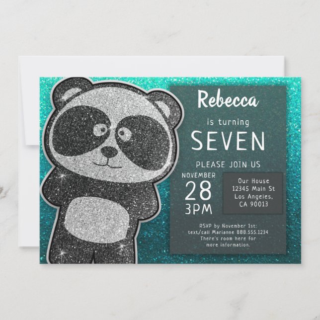 Invitación Panda mágico Cumpleaños Purpurina blanco y negro (Anverso)