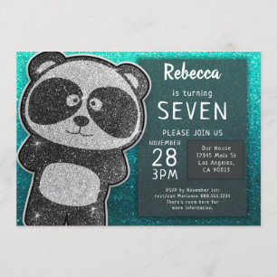 Invitación Panda mágico Cumpleaños Purpurina blanco y negro