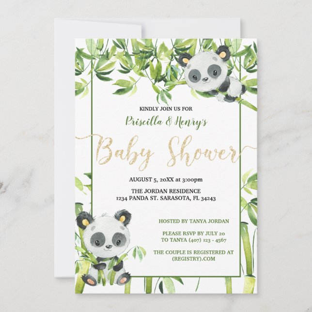 Invitación Panda Neutral de género Baby Shower de bambú verde (Anverso)