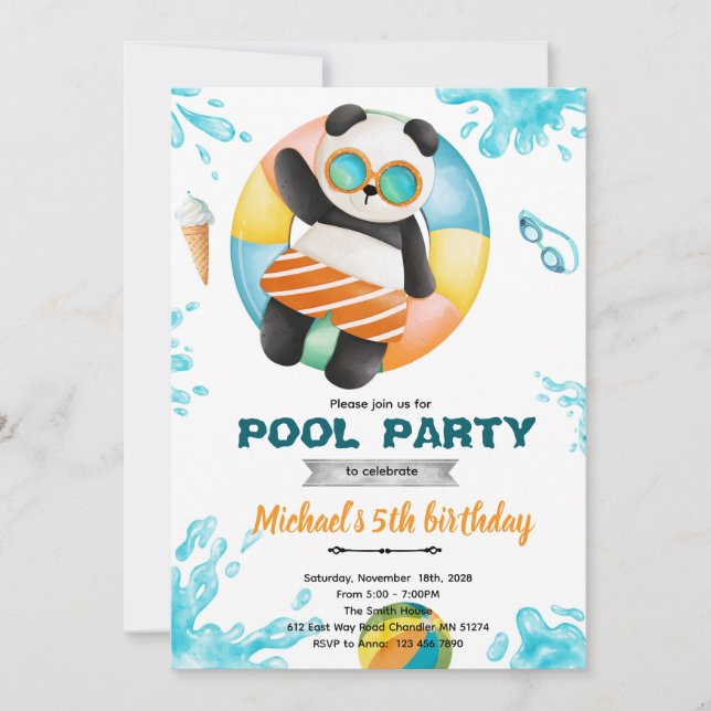 Invitación Panda Pool Party Birthday Invitation (Anverso)