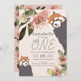 Invitación Panda Rojo Chica Floral Rosa Primer Cumpleaños