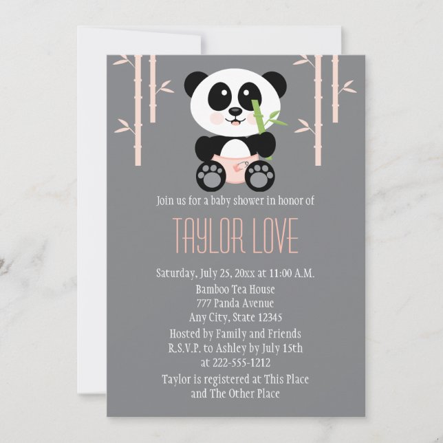 Invitación Panda rosado de bambú en el Baby Shower Diapers (Anverso)