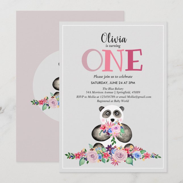 Invitación Panda y nombre de flor moderna y burguesa 1 cumple (Anverso / Reverso)