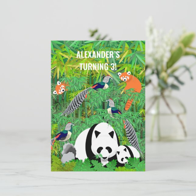 Invitación Pandas Lady Amherst Faisanes Pandas Rojo Bambú (Anverso de pie)