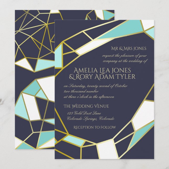 Invitación Paneles de joyas doradas | Boda de la Marina y la  (Anverso / Reverso)