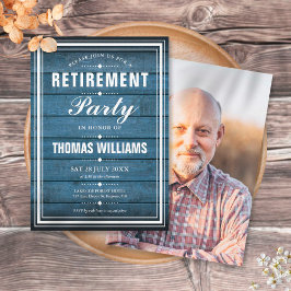 Invitación Paneles de madera Rústica Azul Fiesta de retiro fo