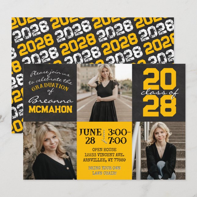 Invitación Paneles dorados y negros 3 Graduación de fotos (Anverso / Reverso)