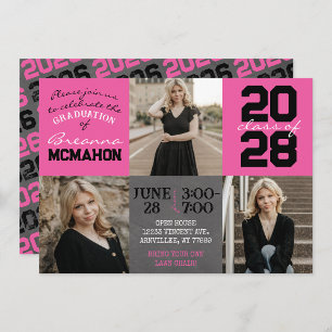 Invitación Paneles rosados y negros 3 Graduación de fotos