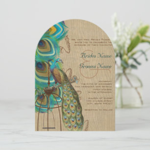Invitación Pañera de jaula de pavo real de madera rústica