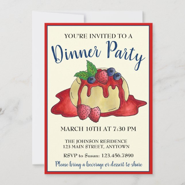 Invitación Panna Cotta Fiesta de cena italiana con fruta fres (Anverso)