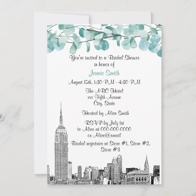 Invitación Panorama de NYC ESB Etch Eucalipto Despedida de So (Anverso)