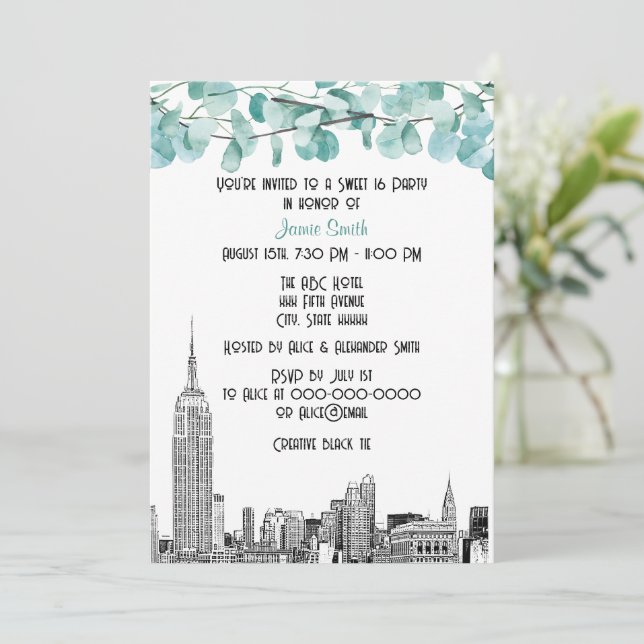 Invitación Panorama de NYC ESB Etch Eucalipto Dulces 16 (Anverso de pie)