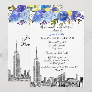 Invitación Panorama de NYC ESB Grabado Azul Amarillo Floral D