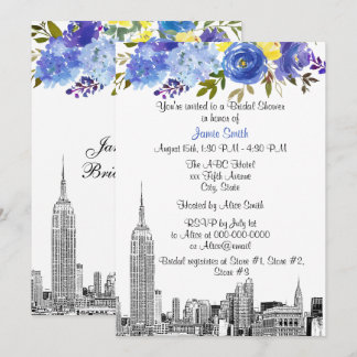 Invitación Panorama de NYC ESB Grabado Azul Amarillo Floral D