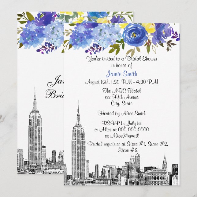 Invitación Panorama de NYC ESB Grabado Azul Amarillo Floral D (Anverso / Reverso)