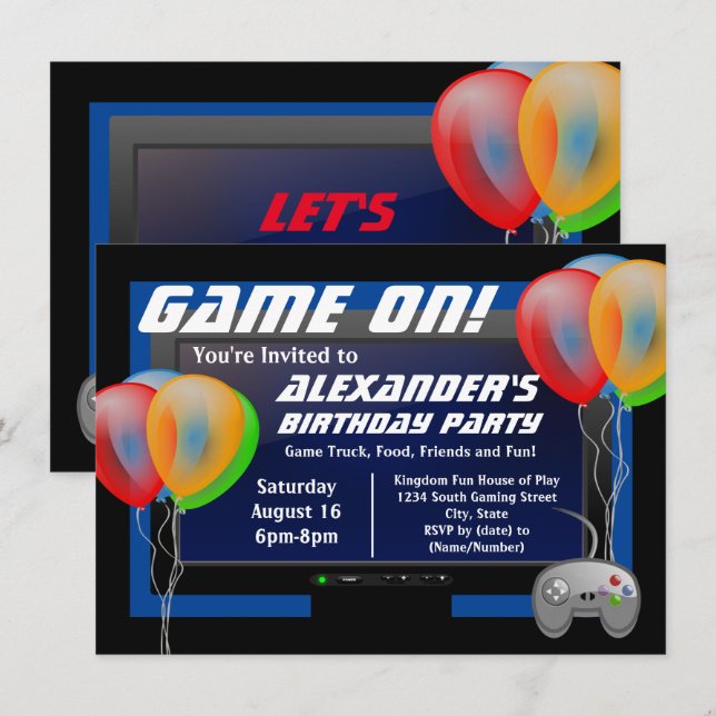 Invitación Panorama de pantalla Videojuego de juegos fiesta d (Anverso / Reverso)