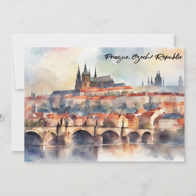 Invitación Panorama de Praga República Checa en acuarela (Anverso)