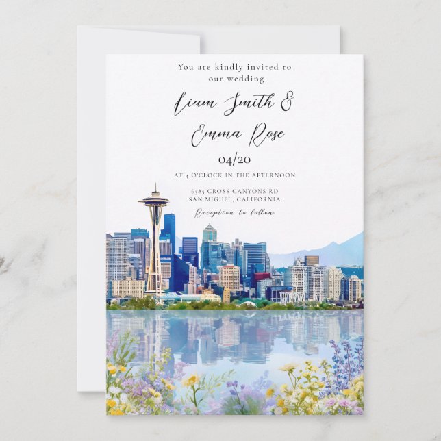 Invitación Panorama urbano de Seattle Wa Boda (Anverso)