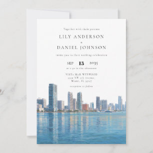 Invitación Panorámica de Miami Acuarela Boda Elegante