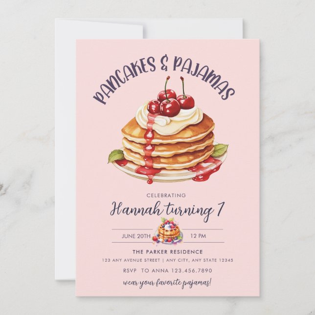 Invitación Panqueque | Fiesta Pajama | Cumpleaños de Chicas r (Anverso)