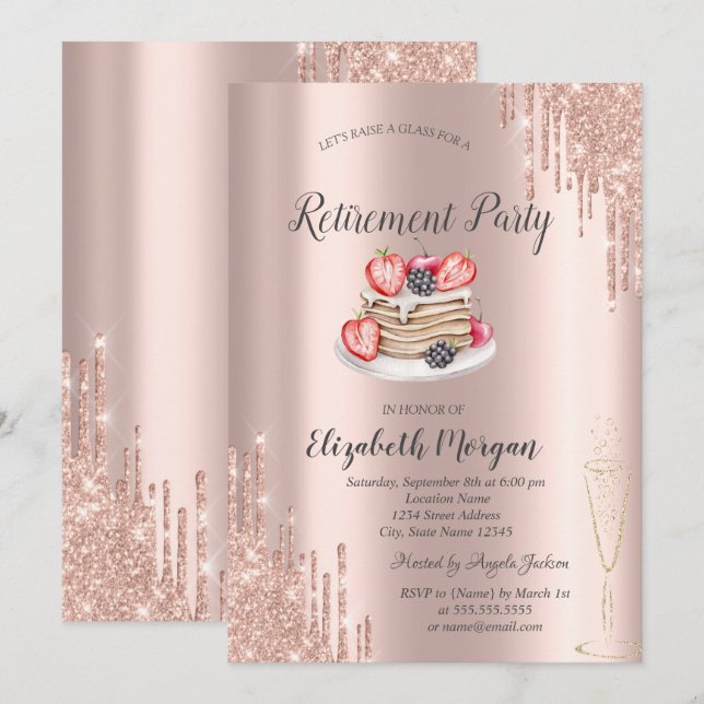 Invitación  Panqueques Rose Gold Brillo Gotea Jubilación  (Anverso / Reverso)