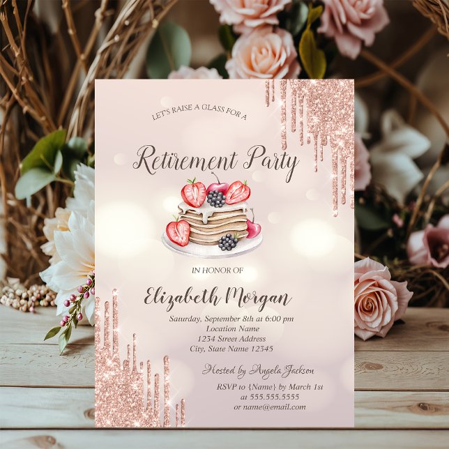 Invitación  Panqueques Rose Gold Drips Bokeh Jubilación   (Subido por el creador)