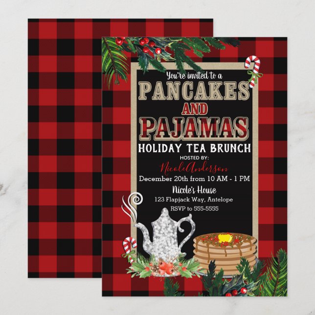 Invitación Panqueques y pijamas Brunch de té de vacaciones a  (Anverso / Reverso)