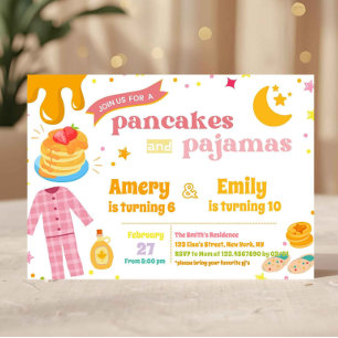 Invitación Panqueques y Pijamas Conjuntos Cumpleaños Hermanos