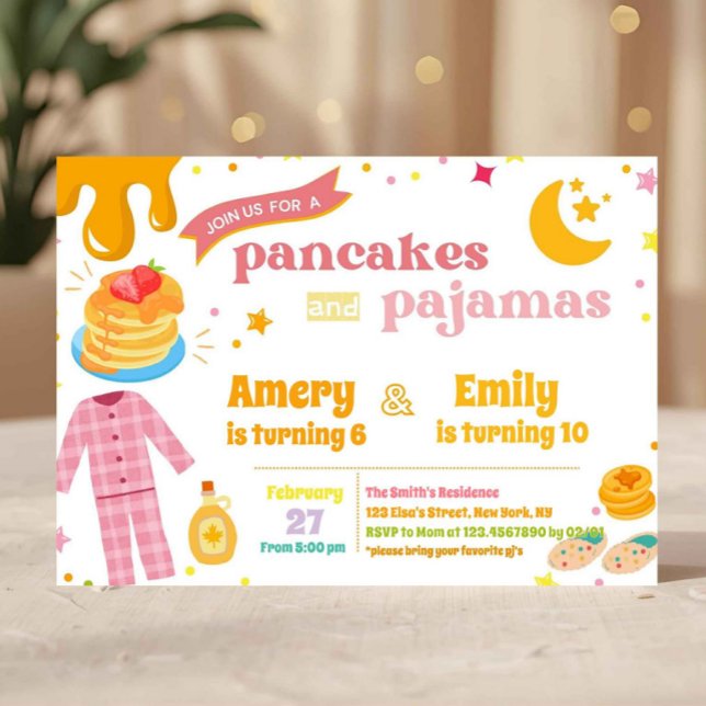 Invitación Panqueques y Pijamas Conjuntos Cumpleaños Hermanos (pancakes and pajamas invite, sleepover birthday invitation, pajama party invite, kids sleepover invi)