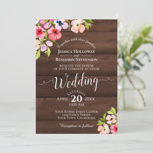 Invitación Pansias de acuarela rústica en Boda de madera de g (Anverso de pie)
