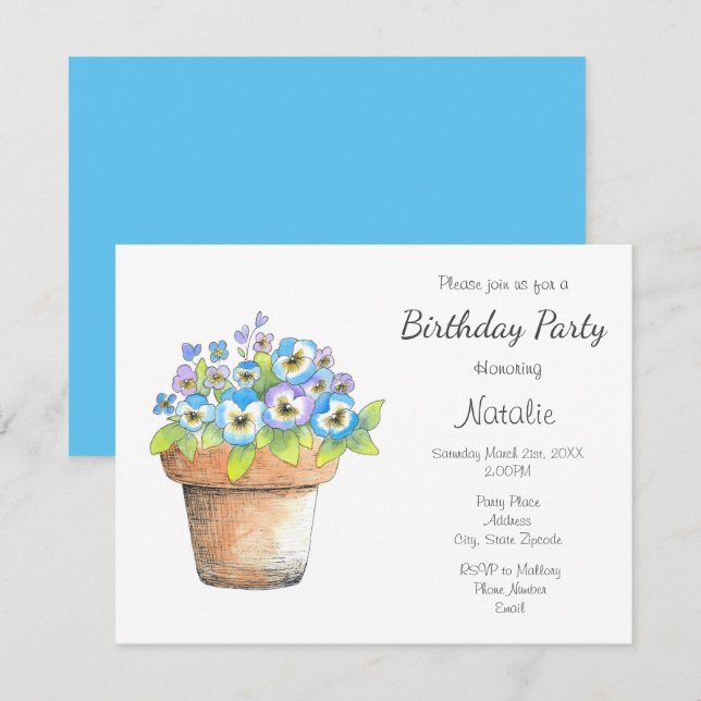 Invitación Pansies acuarelas potentes (Anverso / Reverso)