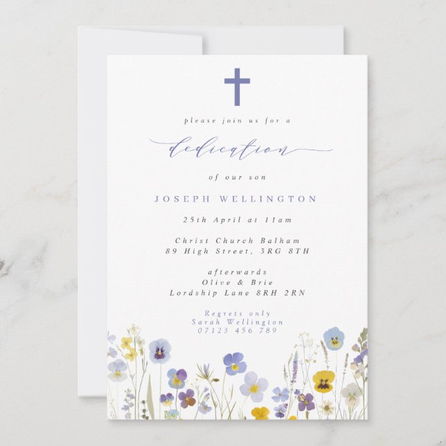 Invitación Pansies azules y amarillos Flores silvestres Dedic (Anverso)