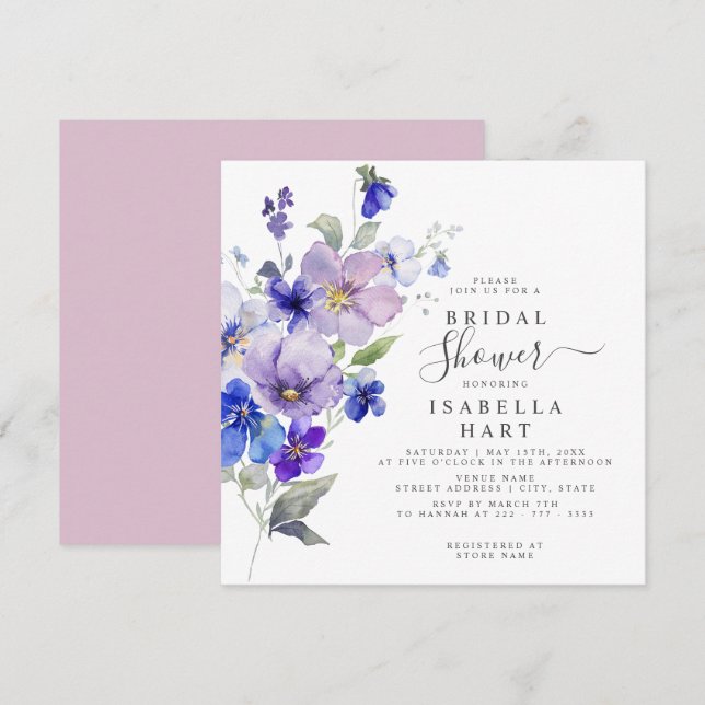 Invitación Pansies Botánica Floral Lilac Blue Bridal Shower (Anverso / Reverso)