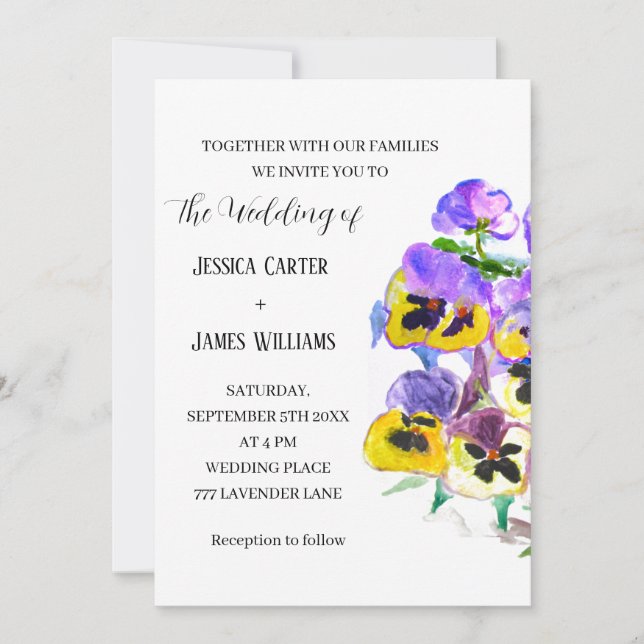 Invitación Pansies Pansy Boda de acuarela floral (Anverso)