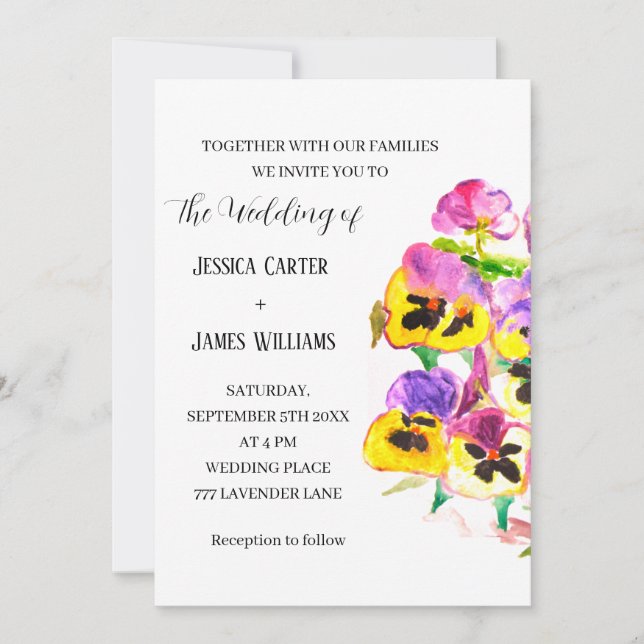 Invitación Pansies Pansy Boda de acuarela floral (Anverso)