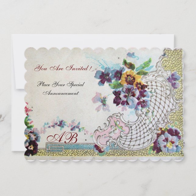 Invitación Pansies románticas de boda azules rosadas blancas (Anverso)