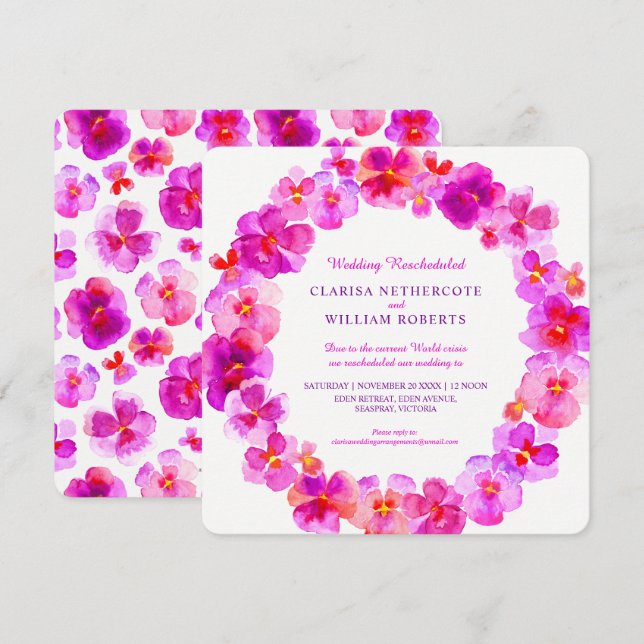 Invitación Pansies rosados boda de flores de acuarela reprogr (Anverso / Reverso)