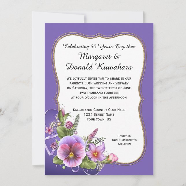 Invitación Pansies rosados púrpuras marco dorado 50 años (Anverso)