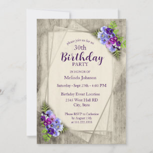 Invitación Pansies Rústicas Geométricas Cumpleaños 30